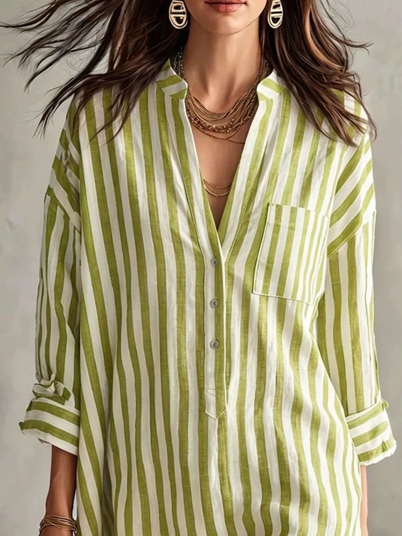 Green-and-white striped shirt dress, V-neck button front, 3/4 sleeves, front patch pocket