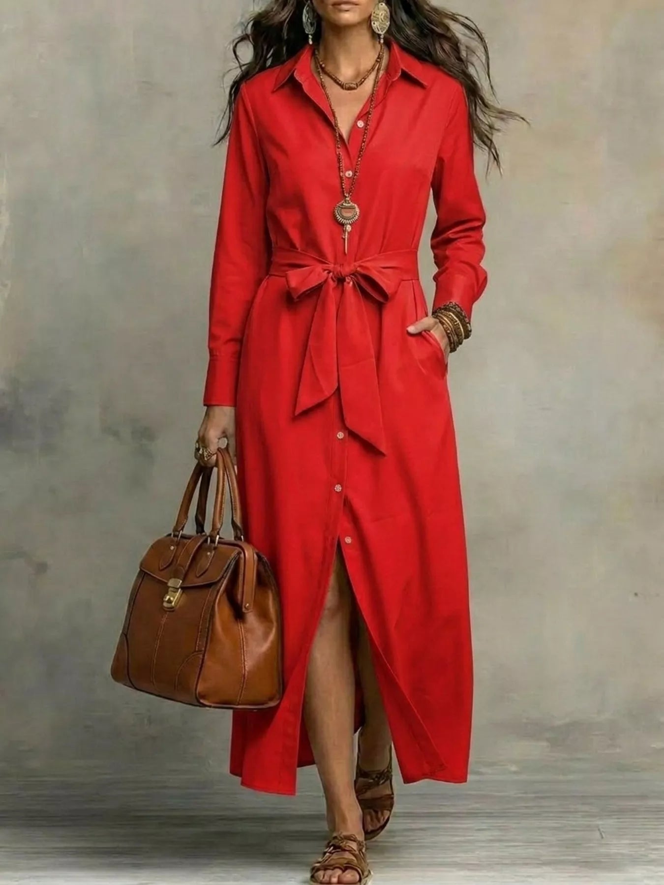 Plus size red tie-waist long-sleeve shirt dress with button front