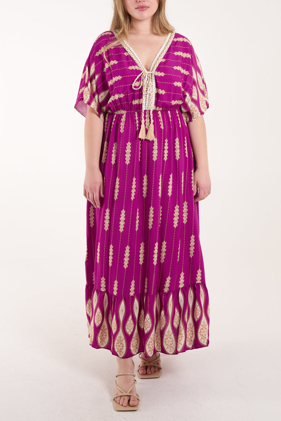 Liel Designs Women's Tassels Striped Leaf Print Maxi Dress