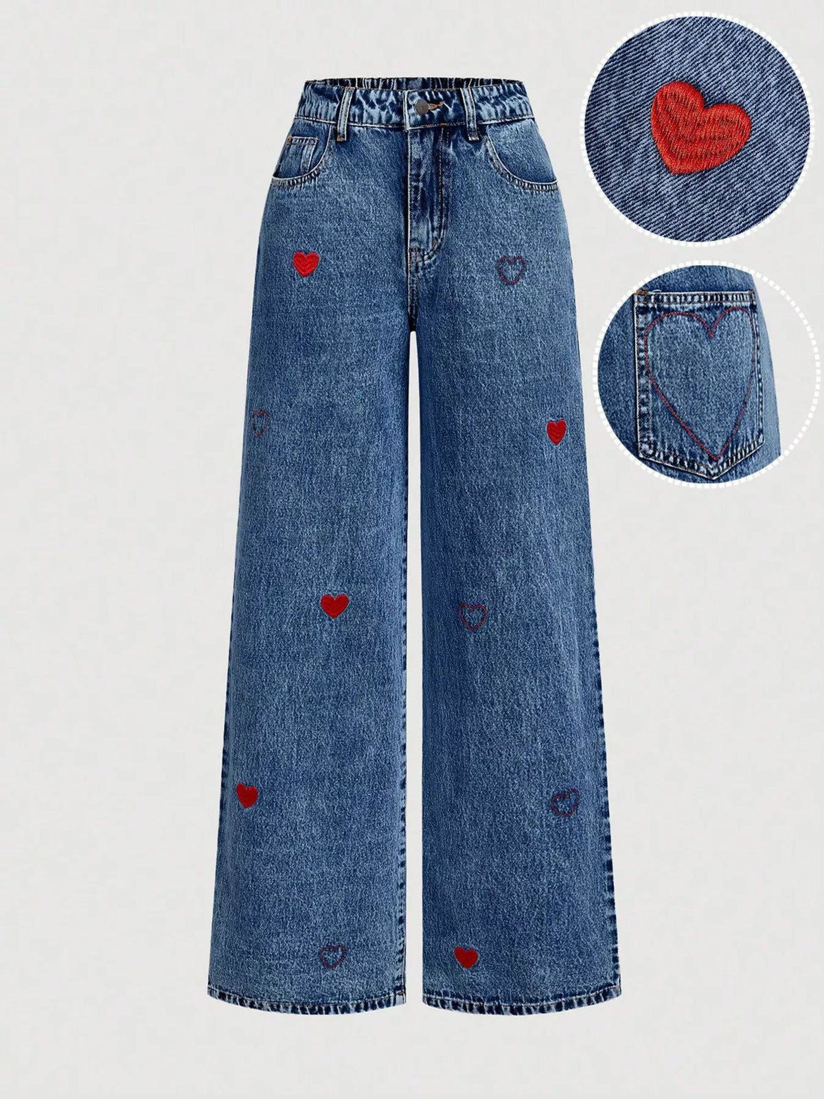 Dark blue wide-leg jeans with red embroidered hearts, front view