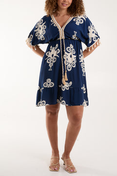 Liel Designs Embellished Neckline Tassels Knee Length Dress