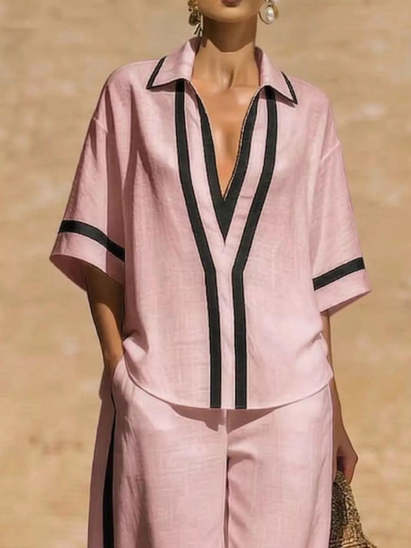 Plus-size contrast-trim short-sleeve top and matching pants set, pink with black trim stripes
