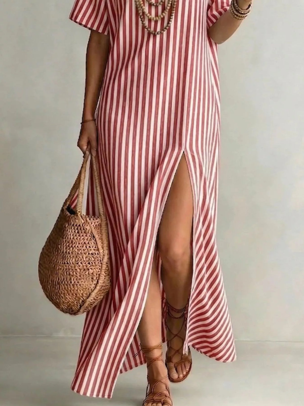Red striped maxi dress front with long slit and V-neck, short sleeves
