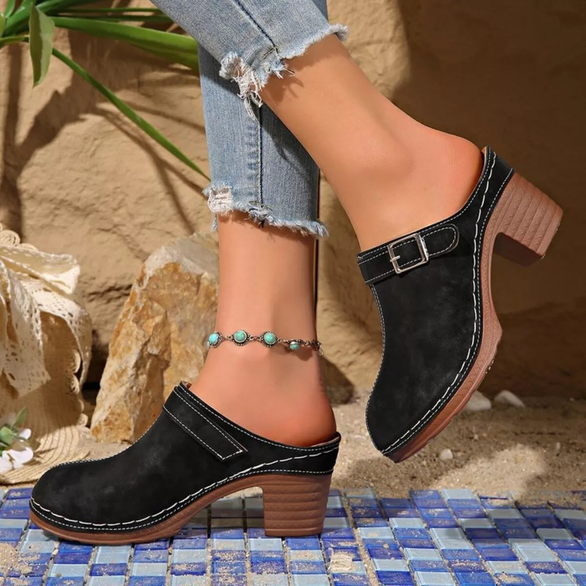 Black suede-look heeled ankle sandals with round toe, side buckle strap, block heel