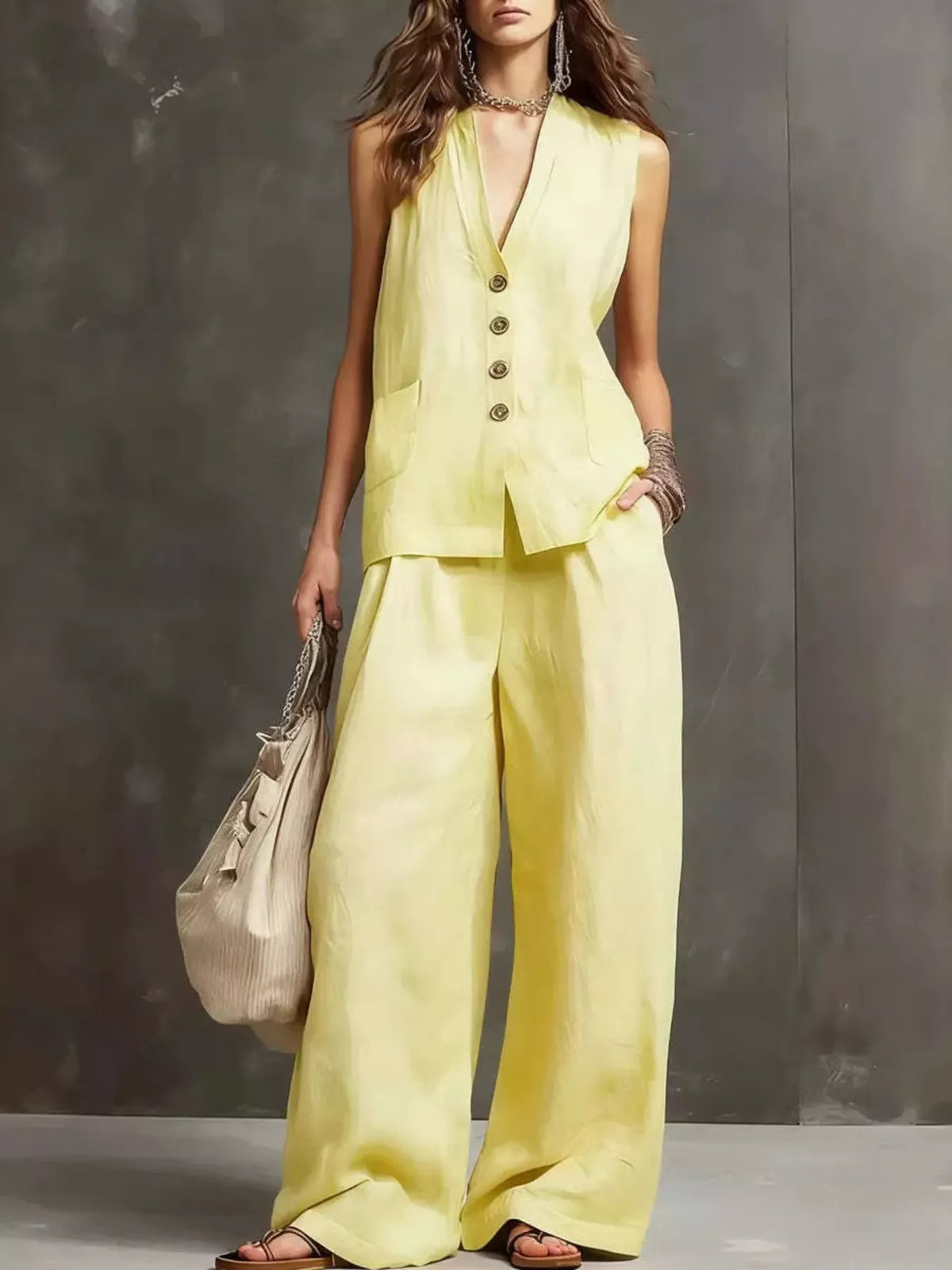 Light yellow sleeveless vest and wide-leg pants set with button-front vest