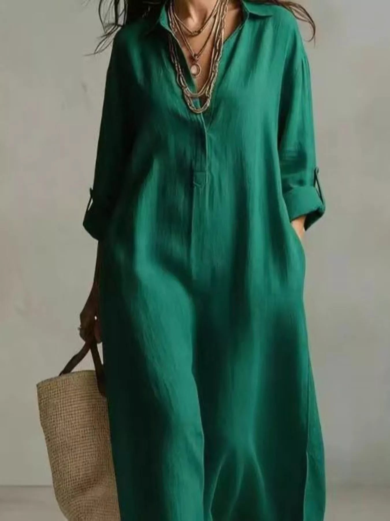 Teal midi shirt dress with button placket, collar, and relaxed 3/4 sleeves