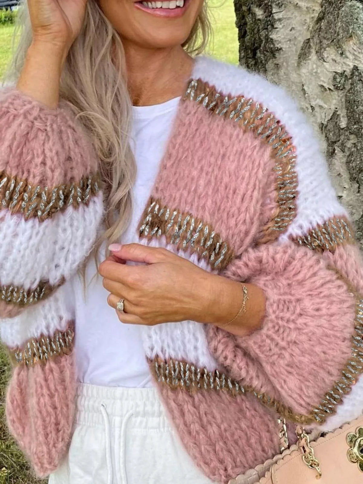Dusty pink and white striped open-front cardigan with olive-brown sleeve cuffs