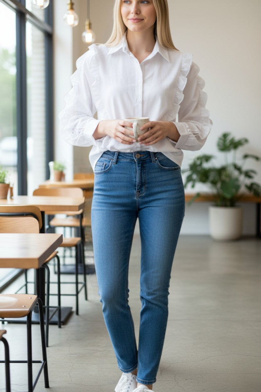 White ruffle sleeve shirt - back mannequin shot