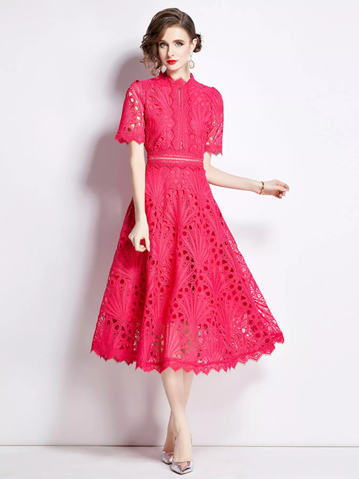 Red lace midi dress with short sleeves, high neckline, flared eyelet skirt