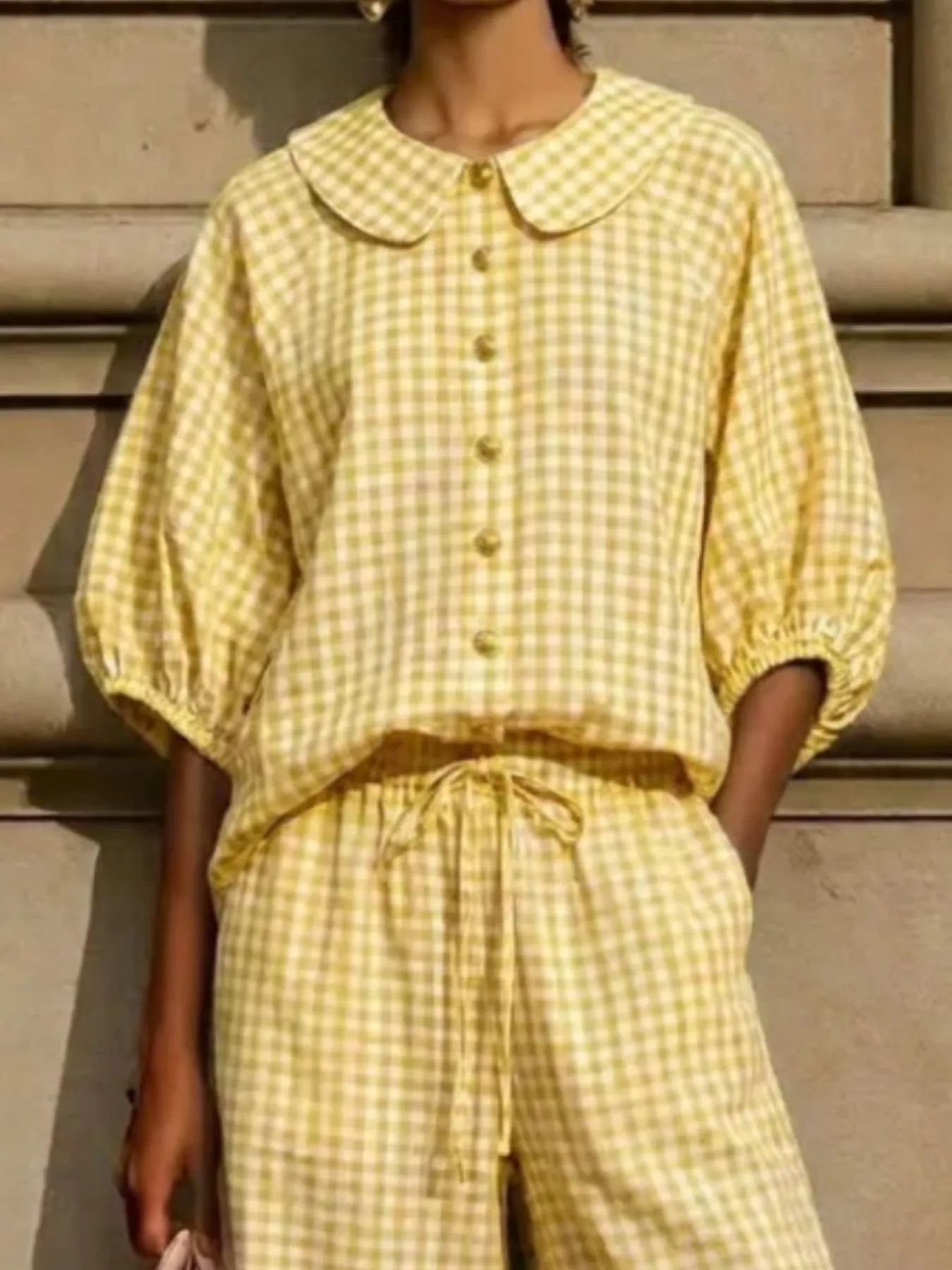 Yellow check plaid shirt and pants set, button-front blouse with balloon sleeves and ruched drawstring waist