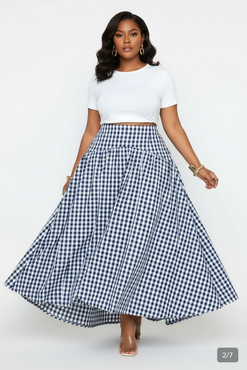 Blue gingham asymmetric midi skirt, flared full hem