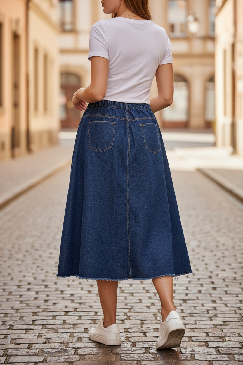 Dark Blue Denim Elasticated Midi Skirt - Back Model