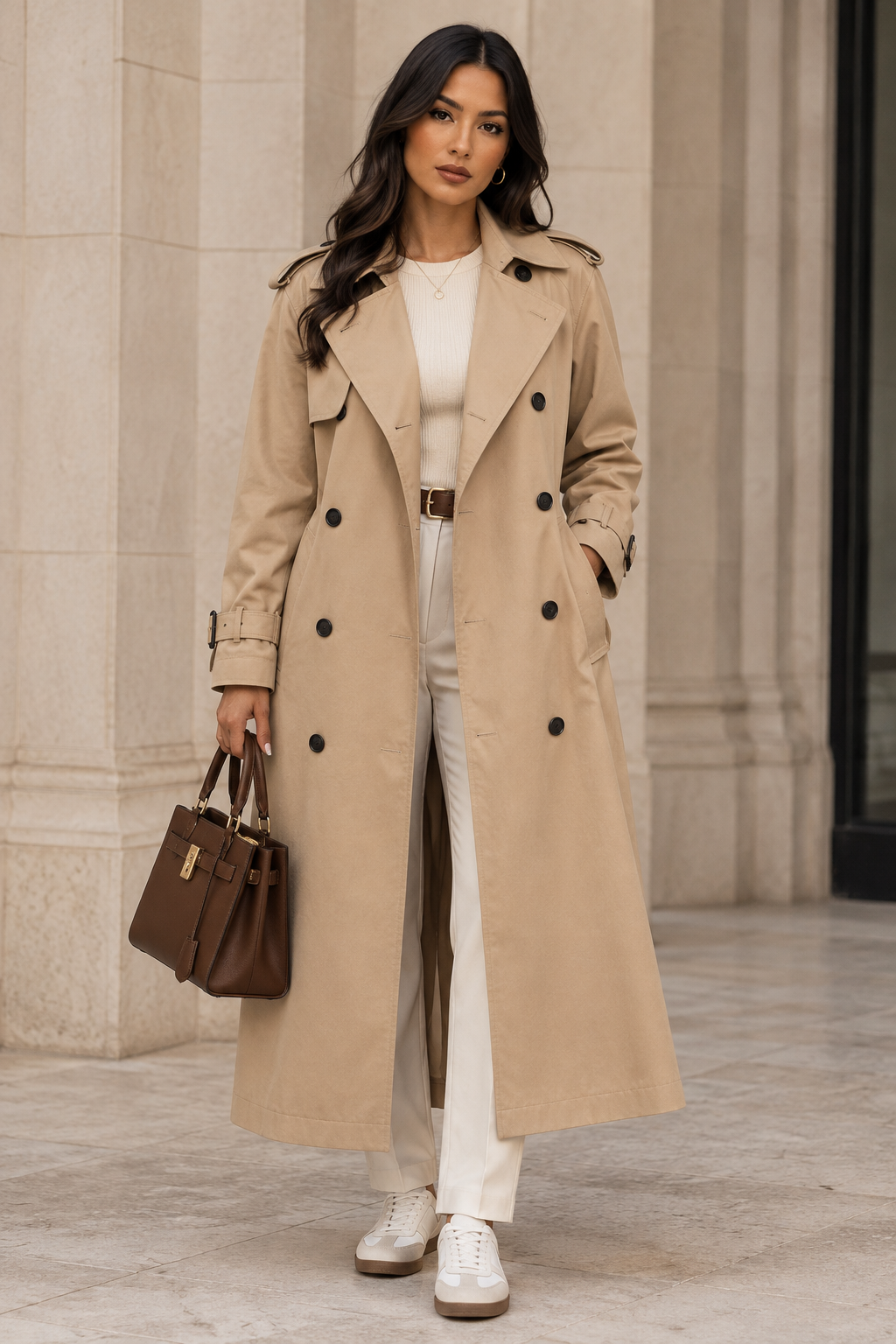 Front view of a khaki lined belted mac coat on a model