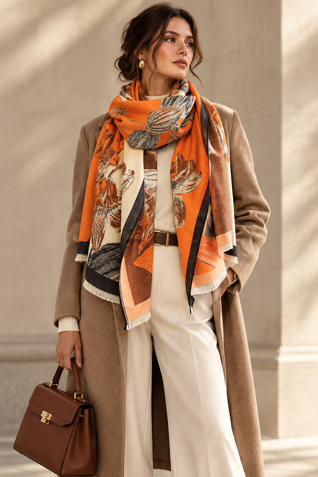 Orange and white printed polyester scarf with fringed ends
