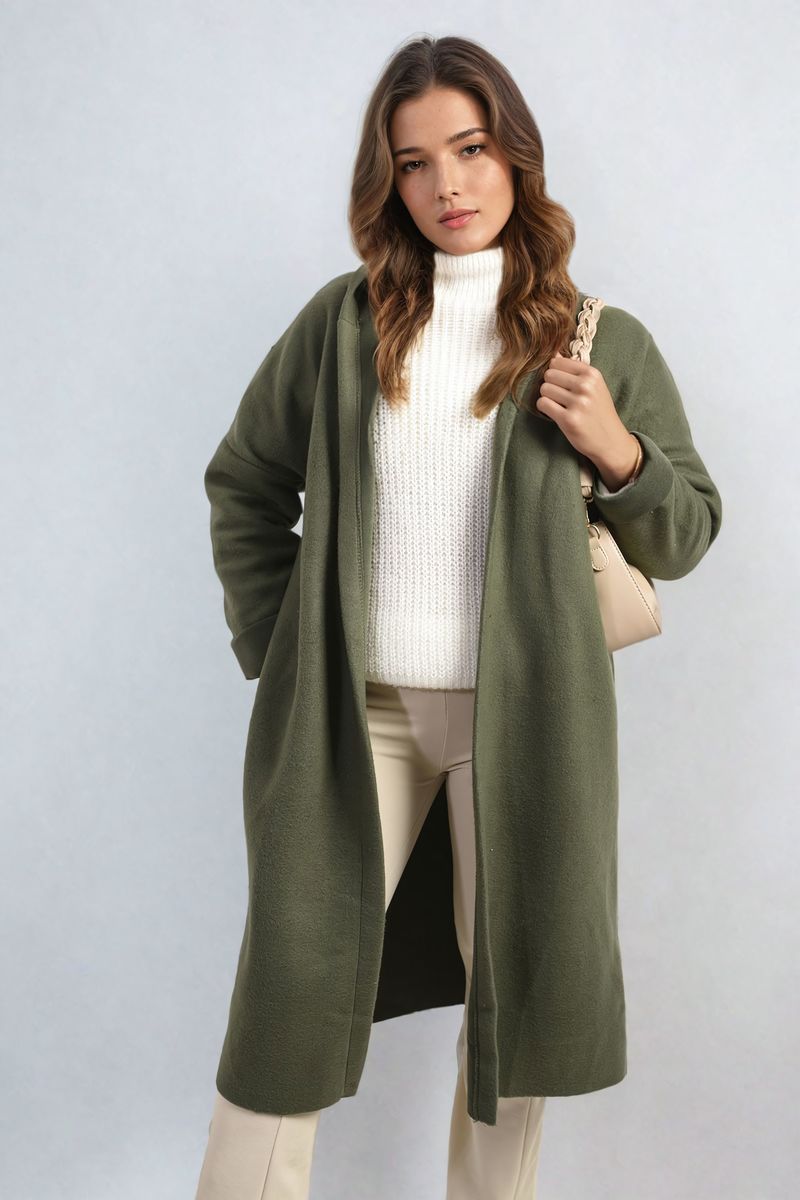 "Open front long coat green jacket with folded sleeves, perfect for layering and adding effortless elegance to any outfit."