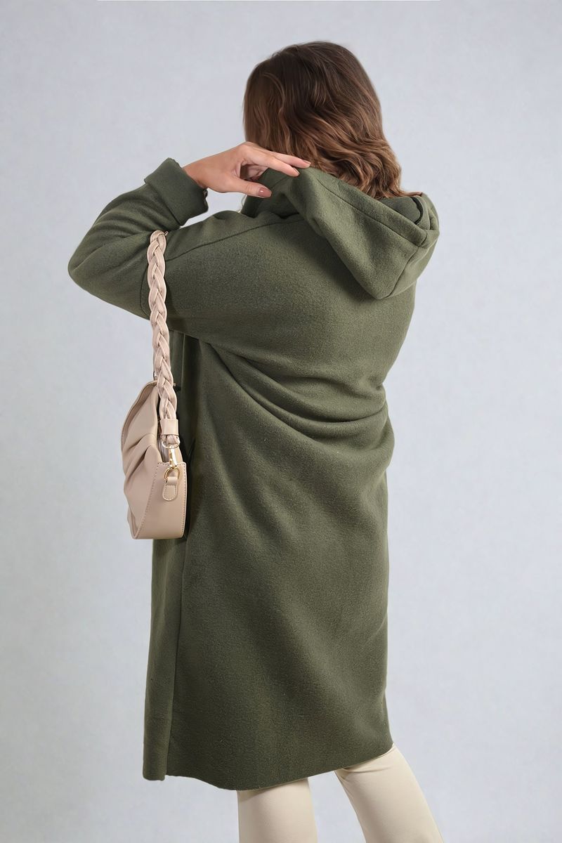 "Open front long coat green jacket with folded sleeves, perfect for layering and adding effortless elegance to any outfit."
