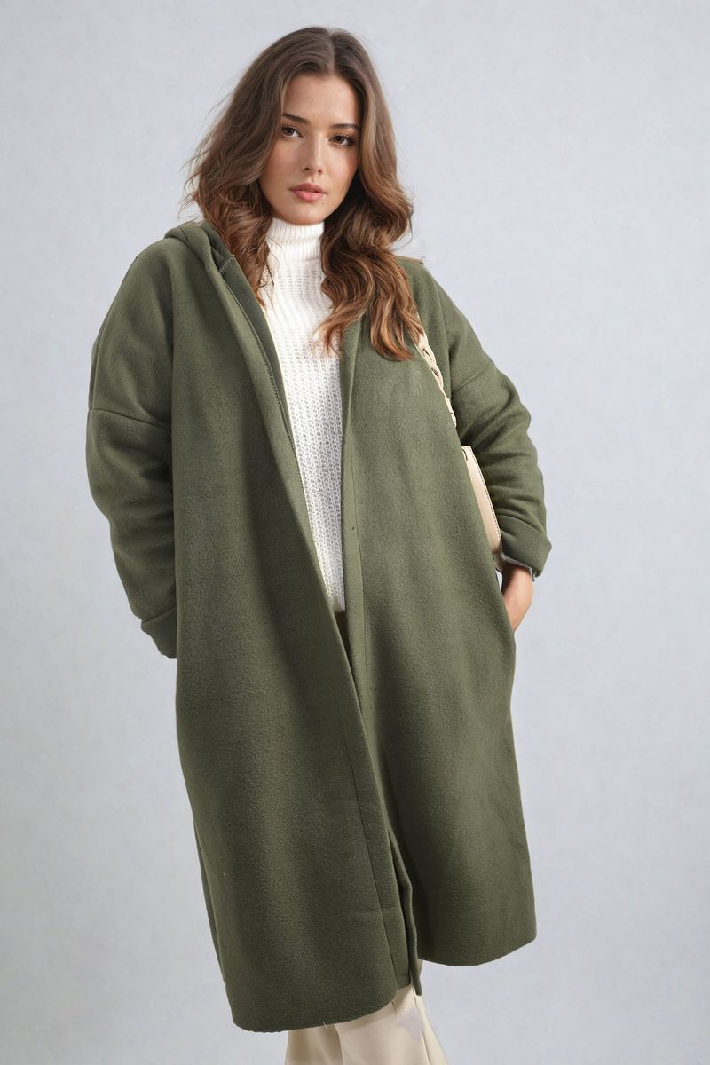 "Open front long green coat jacket with folded sleeves, perfect for layering and adding effortless elegance to any outfit."