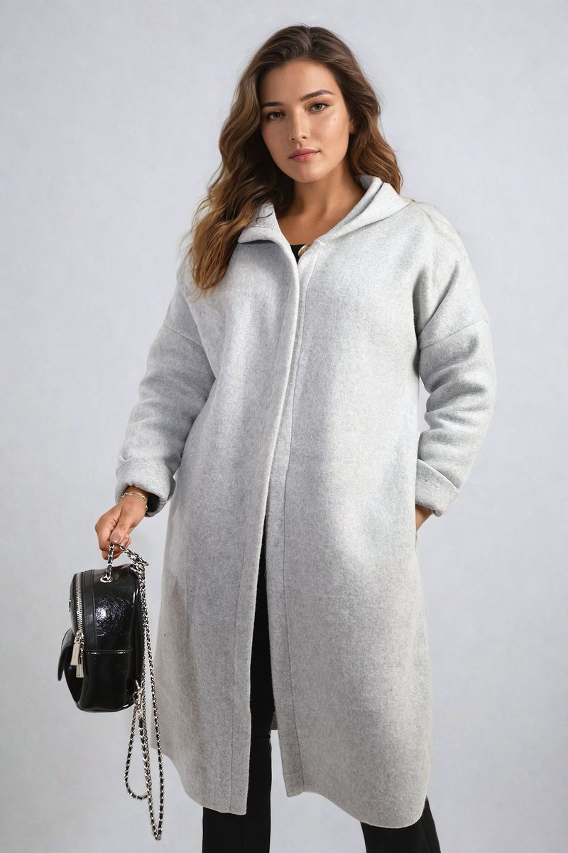 "Open front grey long coat jacket with folded sleeves, perfect for layering and adding effortless elegance to any outfit."