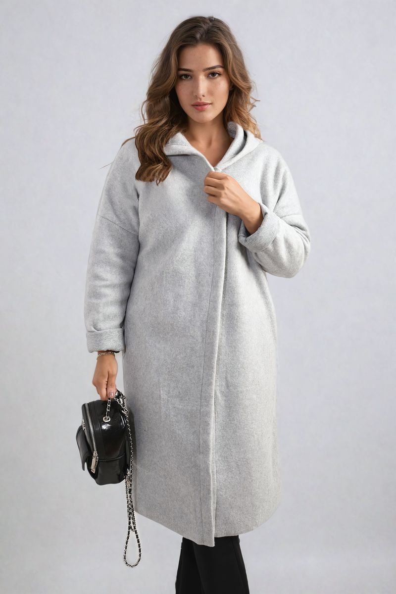 "Open front grey long coat jacket with folded sleeves, perfect for layering and adding effortless elegance to any outfit."