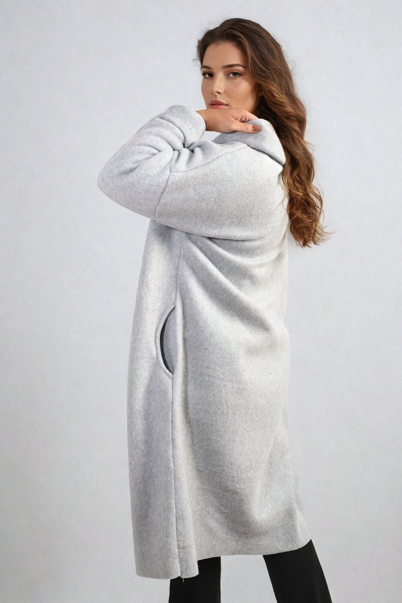 "Open front grey long coat jacket with folded sleeves, perfect for layering and adding effortless elegance to any outfit."