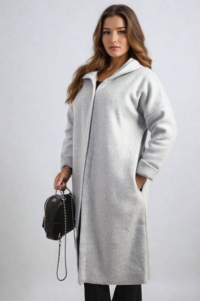 "Open front grey long coat jacket with folded sleeves, perfect for layering and adding effortless elegance to any outfit."