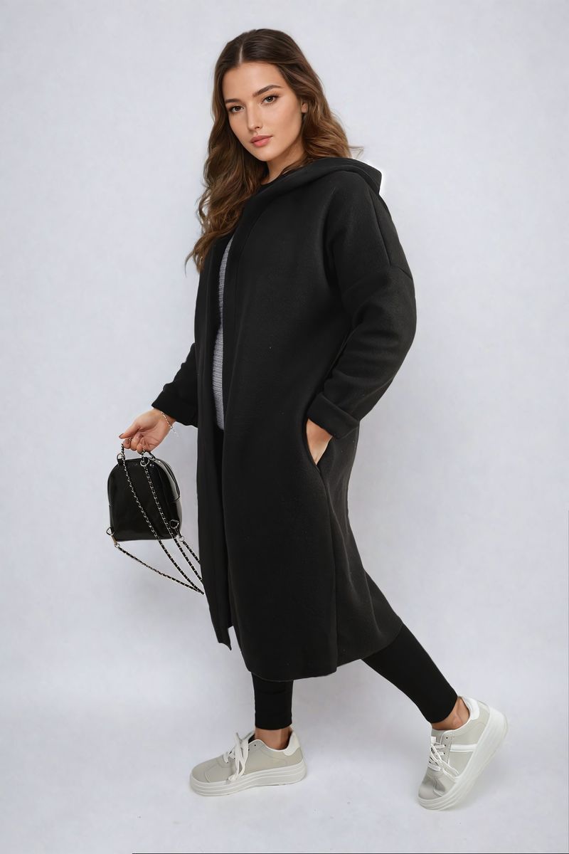 "Open front long coat jacket with folded sleeves, perfect for layering and adding effortless elegance to any outfit."