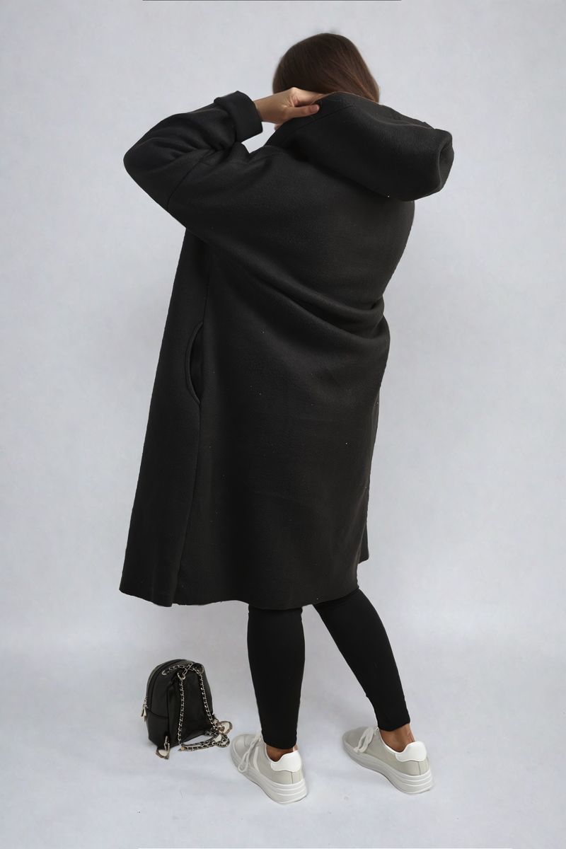 "Open front blue long coat jacket with folded sleeves, perfect for layering and adding effortless elegance to any outfit."