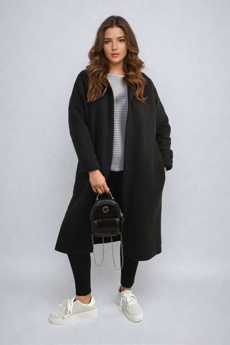 "Open front long coat jacket with folded sleeves, perfect for layering and adding effortless elegance to any outfit."