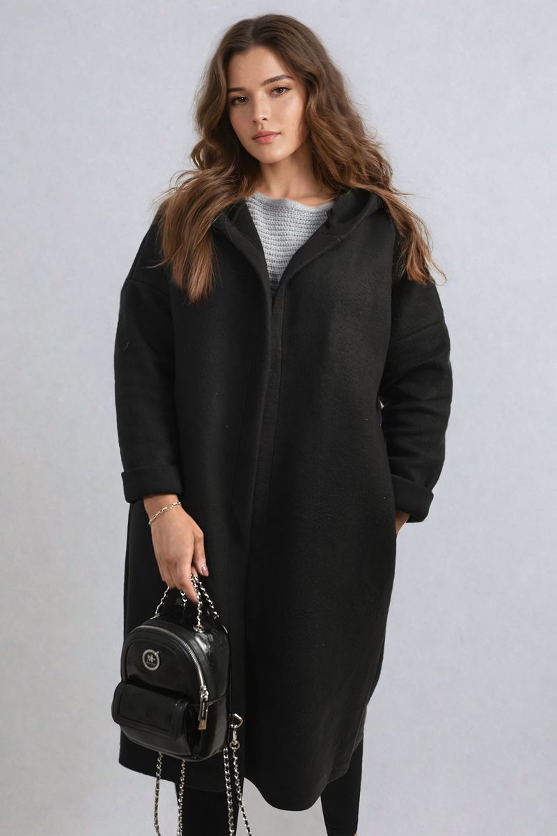 "Open front long coat jacket with folded sleeves, perfect for layering and adding effortless elegance to any outfit."