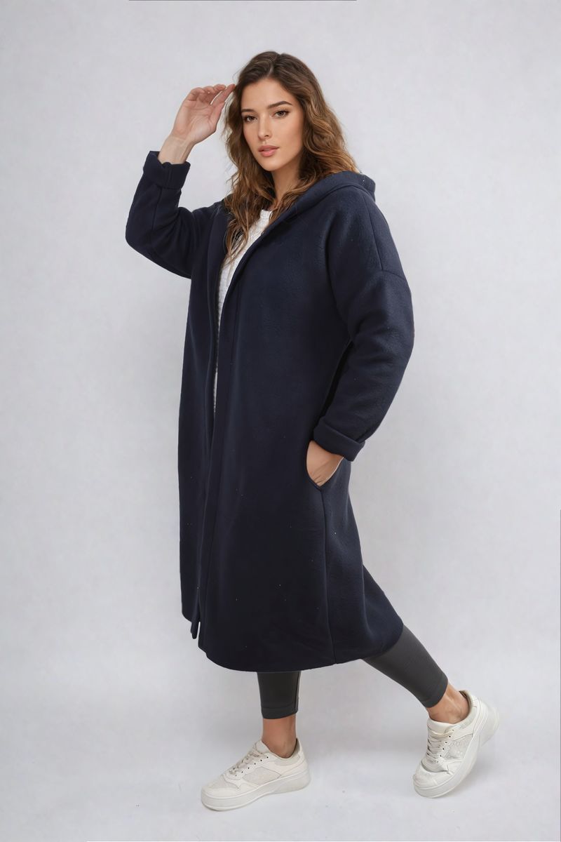 "Open front blue long coat jacket with folded sleeves, perfect for layering and adding effortless elegance to any outfit."