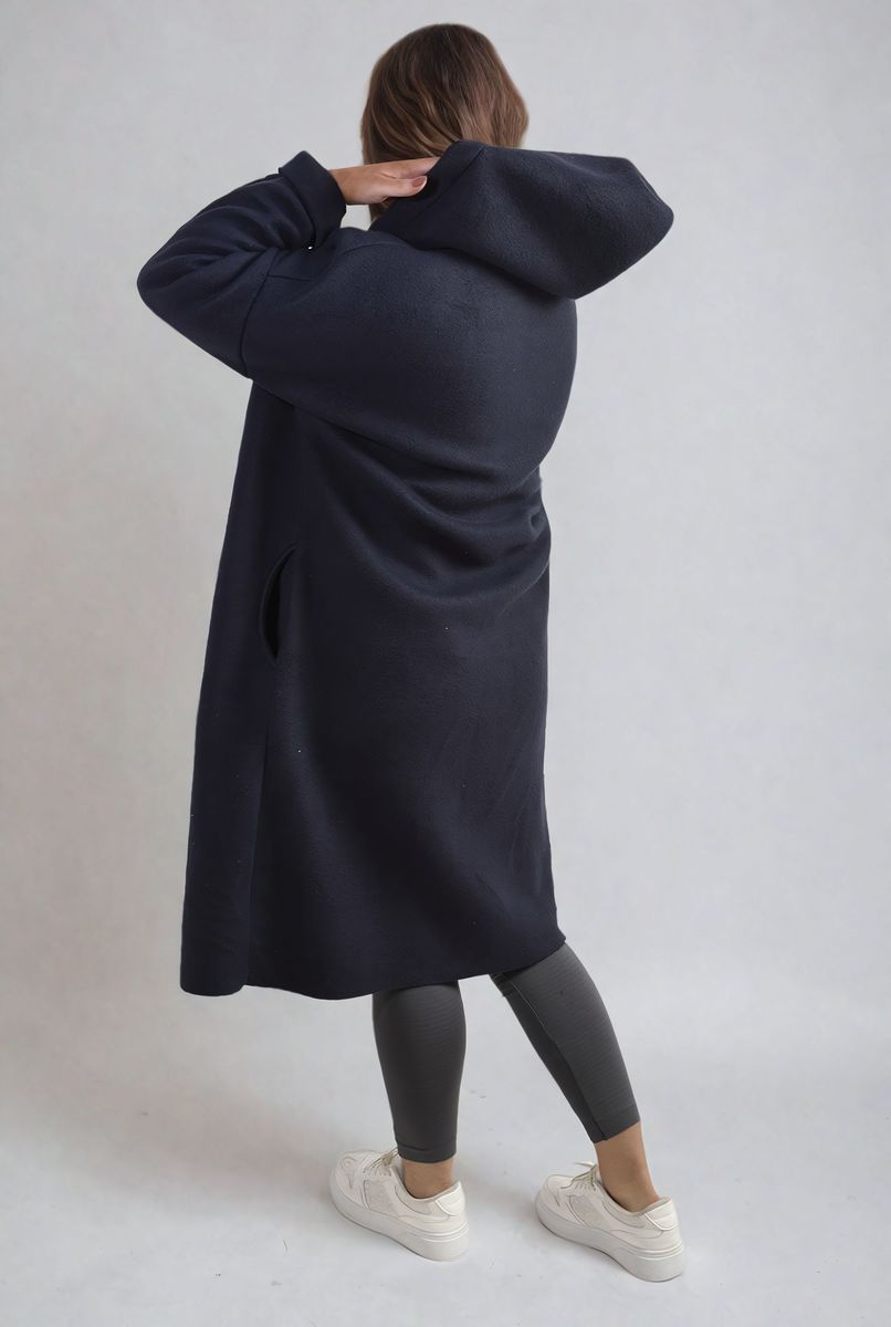 "Open front blue long coat jacket with folded sleeves, perfect for layering and adding effortless elegance to any outfit."