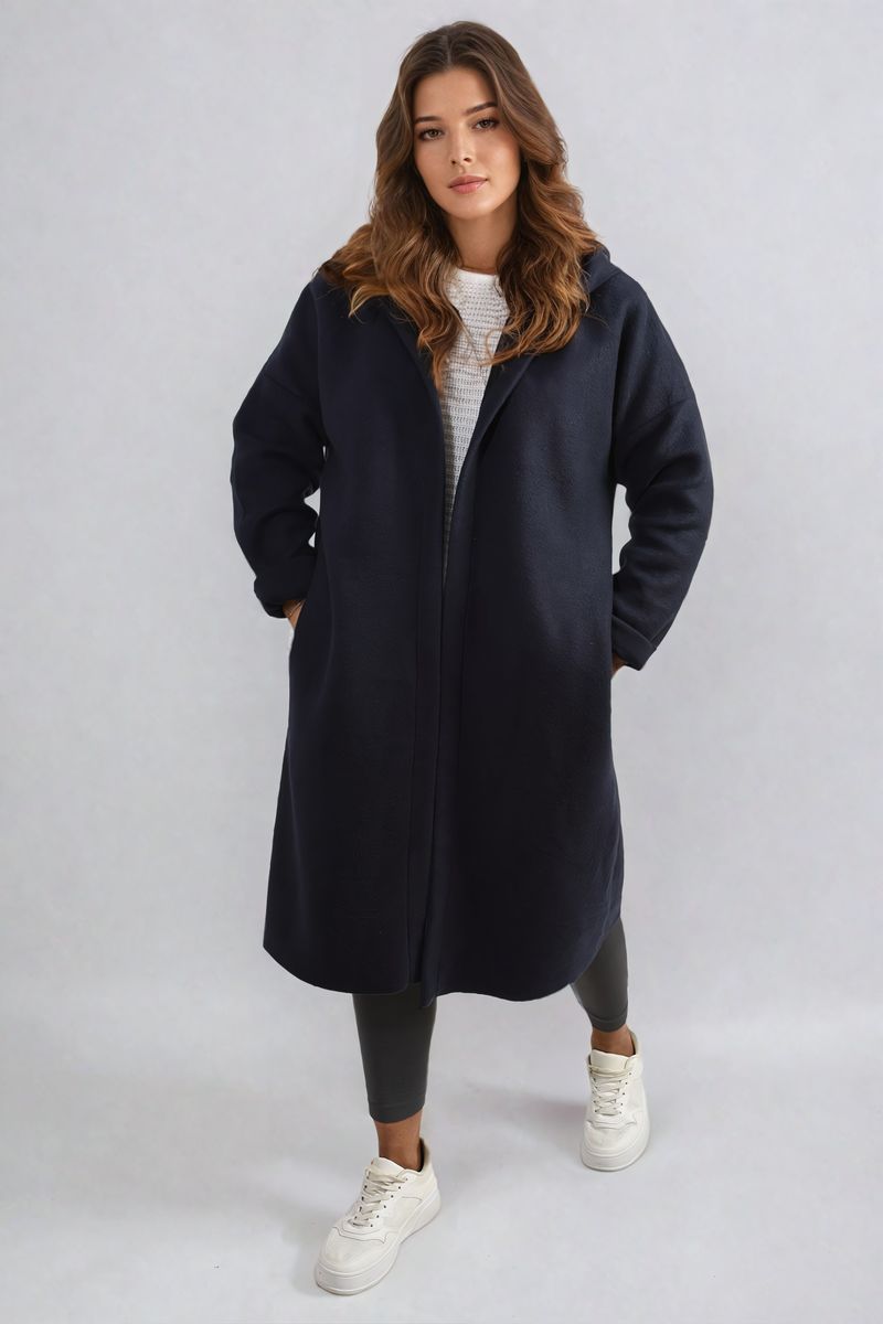 "Open front blue long coat jacket with folded sleeves, perfect for layering and adding effortless elegance to any outfit."