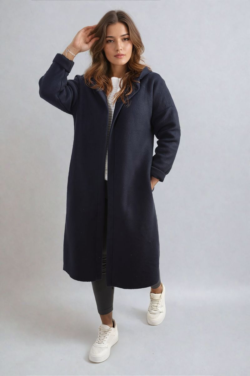 "Open front blue long coat jacket with folded sleeves, perfect for layering and adding effortless elegance to any outfit."