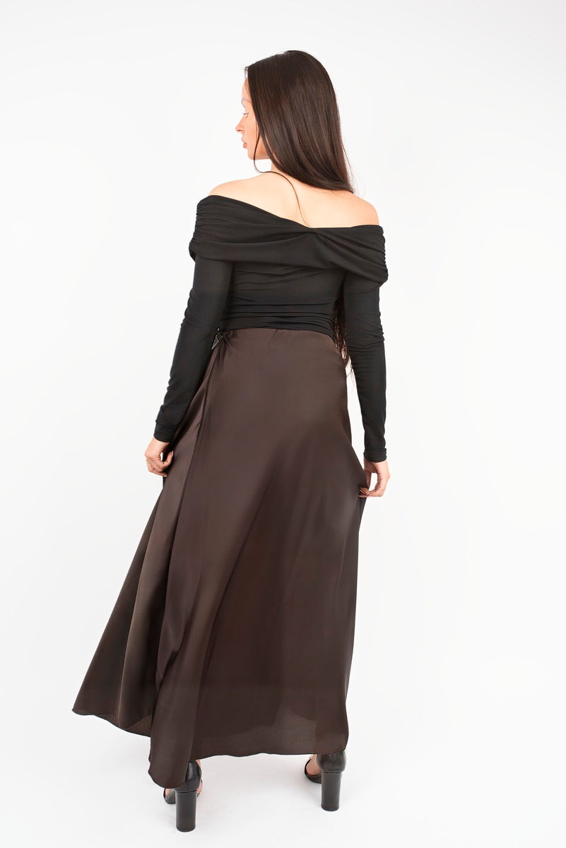 Black off-shoulder long sleeve bodysuit, back view, ruched off-shoulder neckline