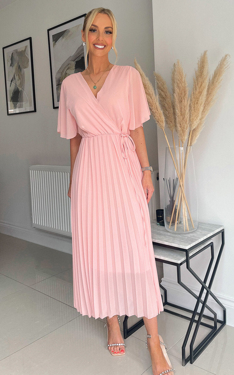 Pleated Wrap Front Midi Dress