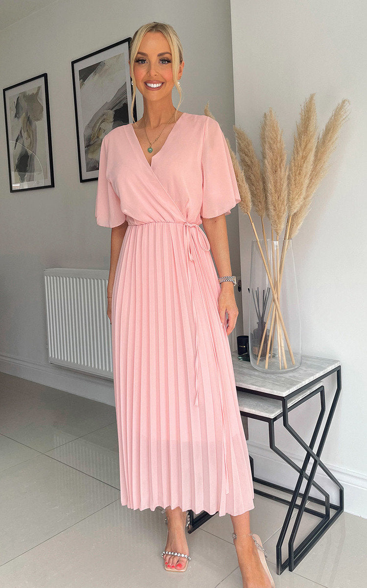 Pleated Wrap Front Midi Dress