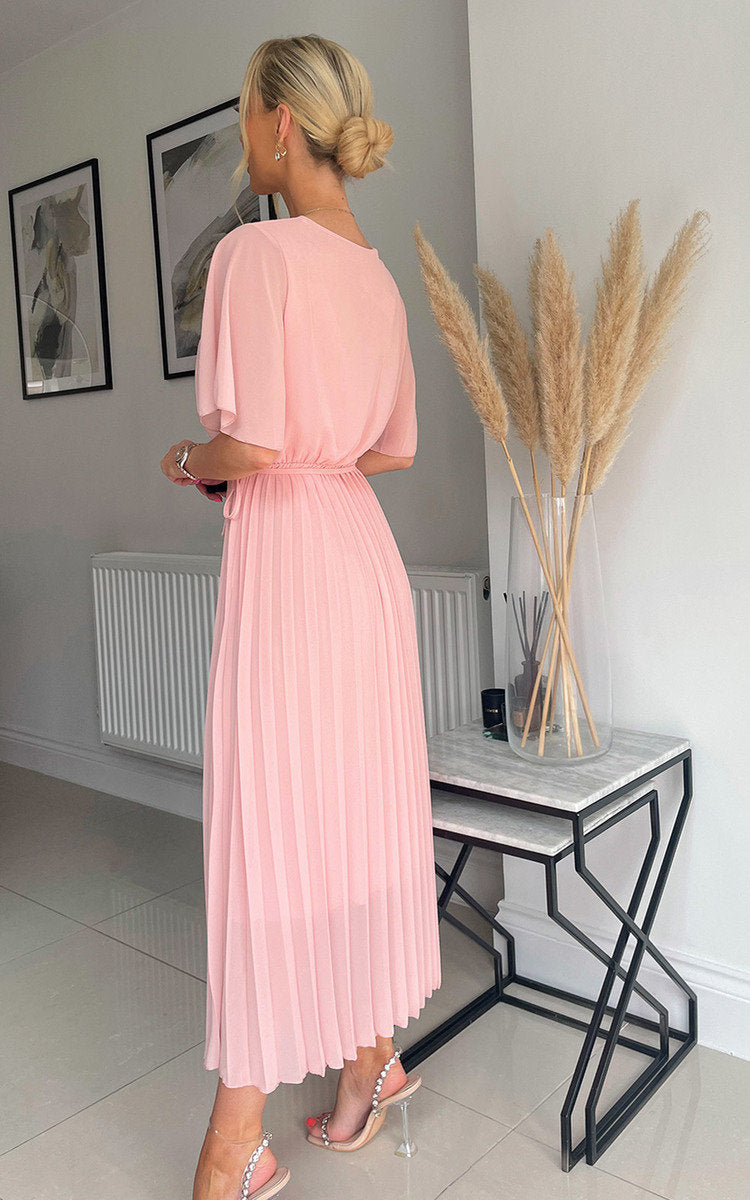 Pleated Wrap Front Midi Dress