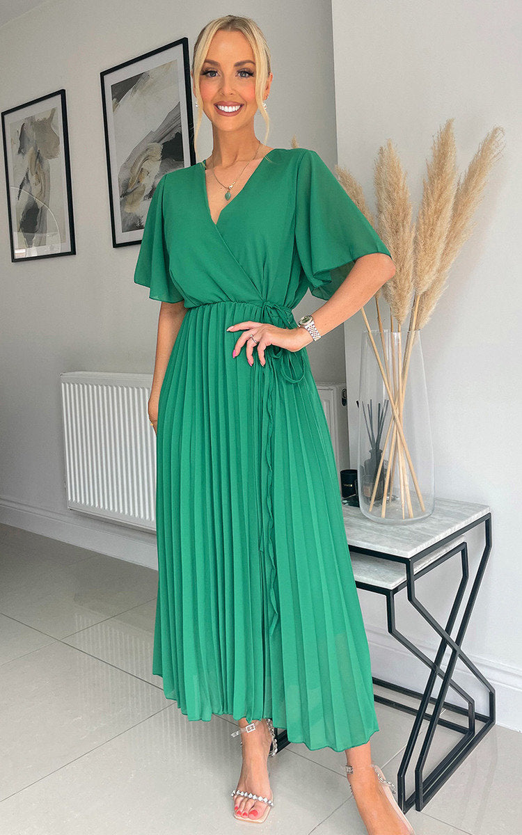 Pleated Wrap Front Midi Dress