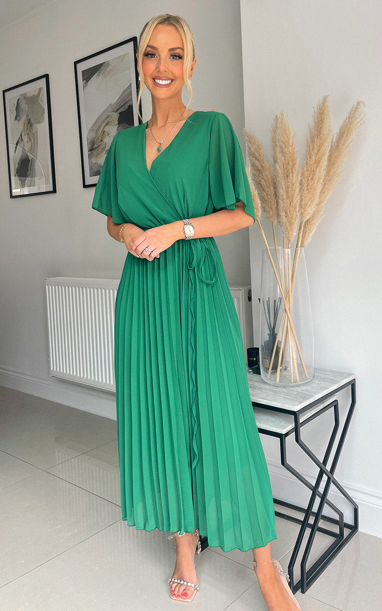 Pleated Wrap Front Midi Dress