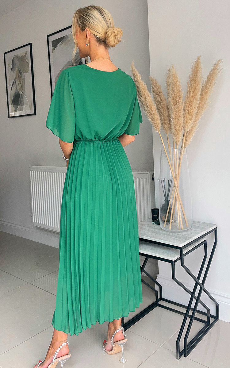 Pleated Wrap Front Midi Dress