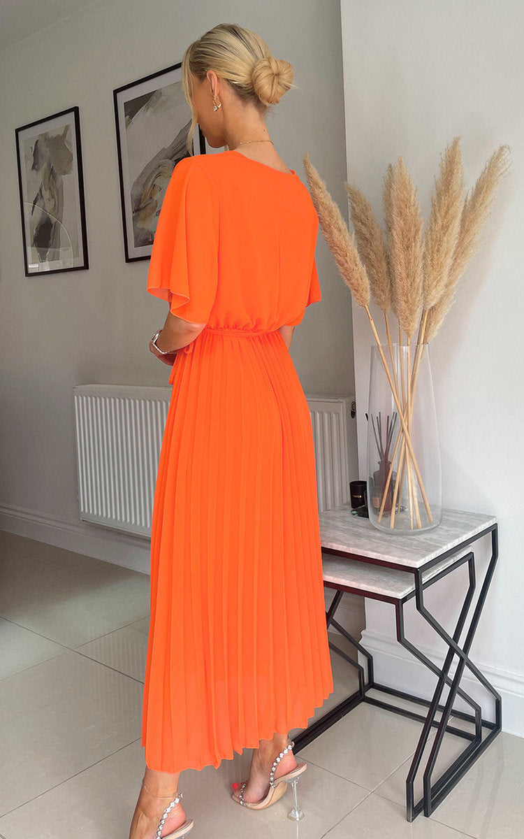 Pleated Wrap Front Midi Dress