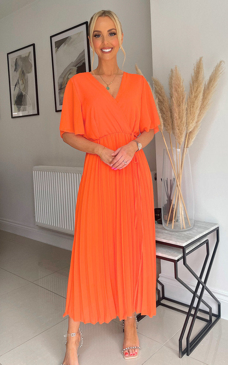 Pleated Wrap Front Midi Dress