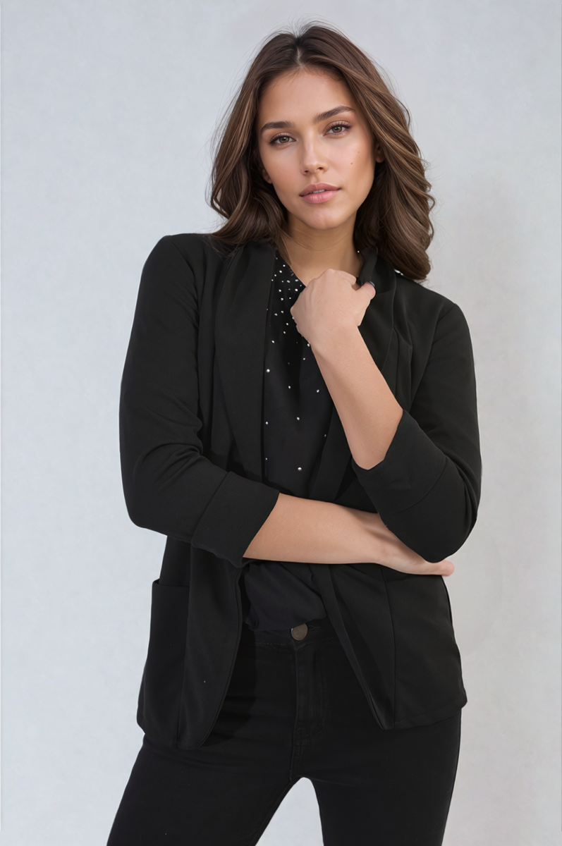 "Open front black cardigan with cozy design and front pockets, perfect for versatile and stylish wear."