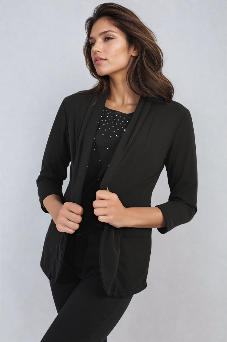"Open front black cardigan with cozy design and front pockets, perfect for versatile and stylish wear."