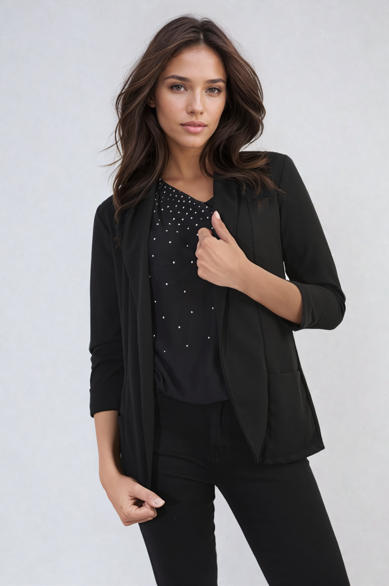 "Open front black cardigan with cozy design and front pockets, perfect for versatile and stylish wear."