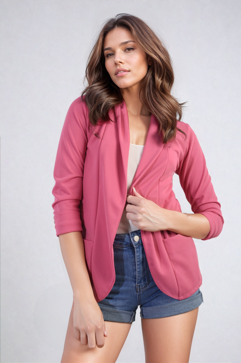 "Open front pink cardigan with cozy design and front pockets, perfect for versatile and stylish wear."