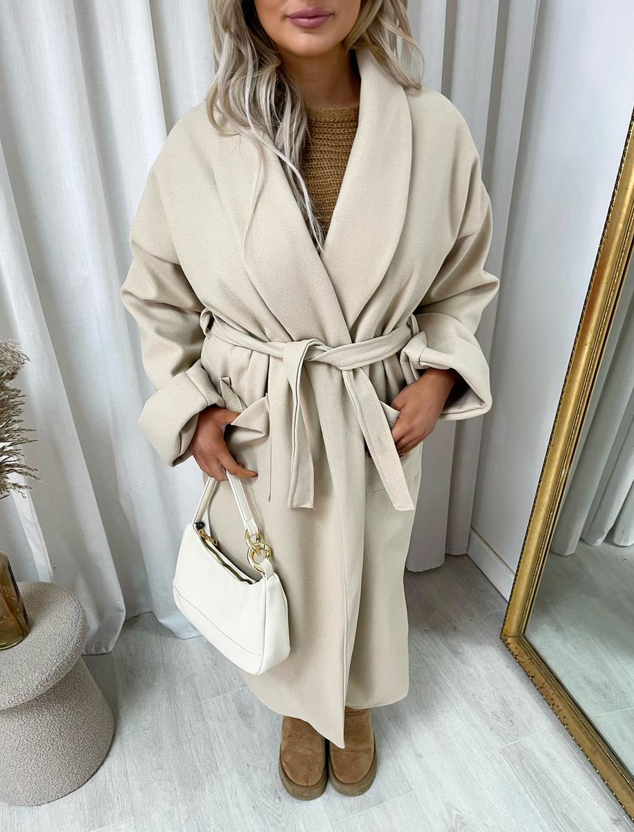 "Waist Belt Longline Coat Jacket with Pocket in beige, featuring a sleek design and flattering waist belt."