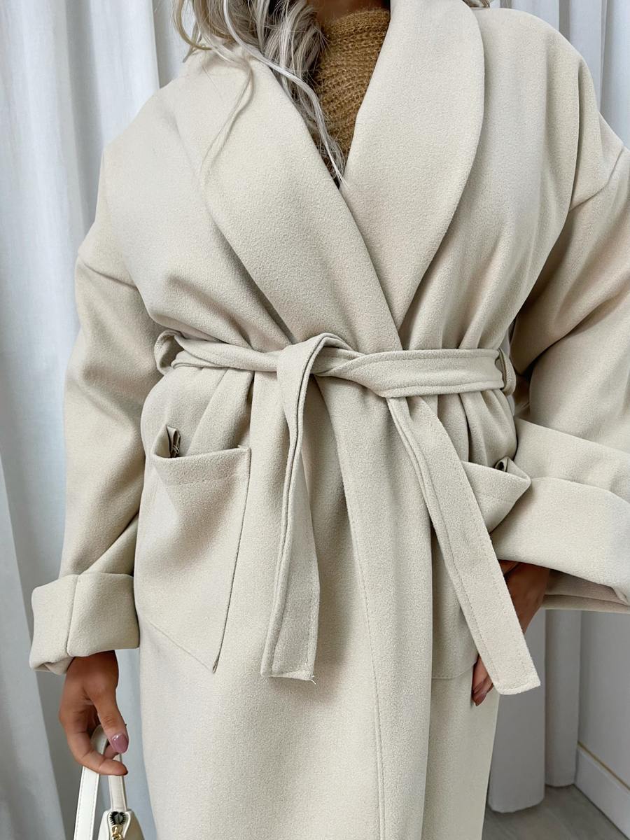 "Waist Belt Longline Coat Jacket with Pocket in beige, featuring a sleek design and flattering waist belt."