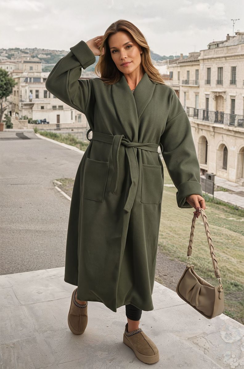 "Waist Belt Longline Coat Jacket with Pocket in beige, featuring a sleek design and flattering waist belt."