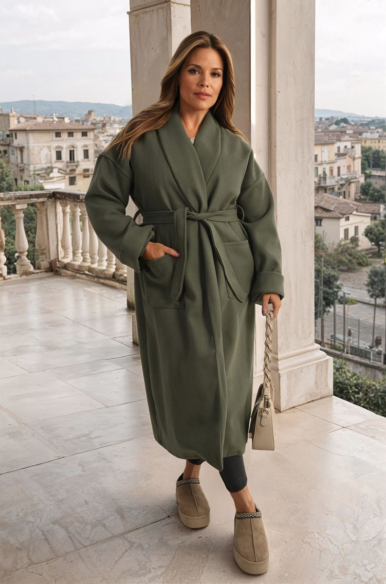 "Waist Belt Longline Coat Jacket with Pocket in beige, featuring a sleek design and flattering waist belt."